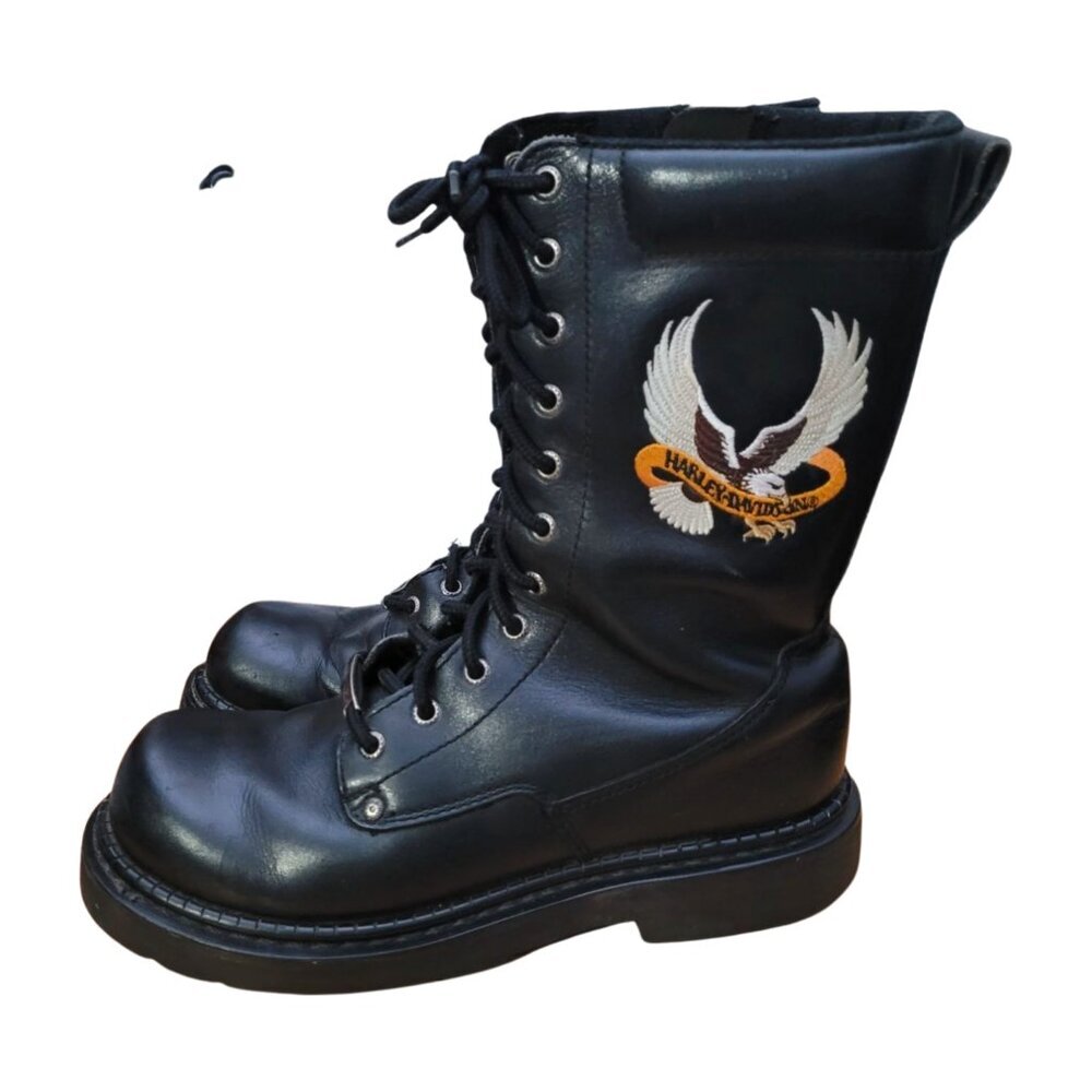 Vintage HARLEY DAVIDSON Leather Biker Boots Lace up Combat Style Motorcycle Sz 8 - Picture 2 of 14